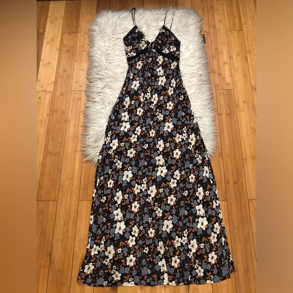 Free People All I Wanted Lace Floral Ditsy Black Brown Maxi Slip Dress size S
